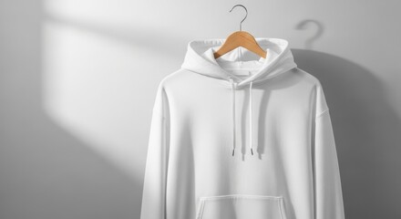 White hooded sweatshirt hanging on wooden hanger against wall  