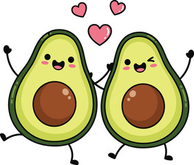 Cute cartoon avocado couple holding hands with hearts, smiling fruit characters in love, romantic food illustration for Valentine’s Day