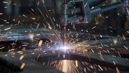 Robotic Arm Performing Precision Welding with Sparks in Industrial Workshop Setting