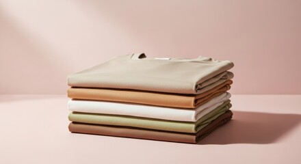 Folded clothing stacks in pastel colors on a pink background  