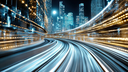 Dynamic cityscape with glowing lights and curved transport tracks at night