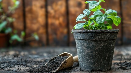A mint plant in a pot with a wooden scoop of soil on a wooden table.