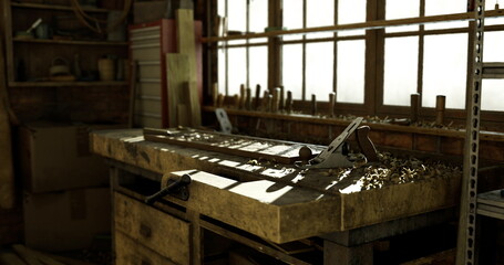 A woodworking shop is filled with shafts of light filtering through the windows, illuminating a workbench cluttered with tools, wood shavings, and equipment.