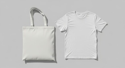 Plain white t-shirt and tote bag on grey background  