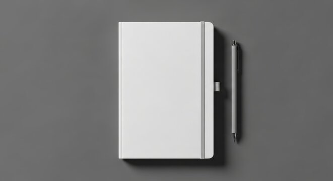 Minimalistic white notebook and black pen on grey background  