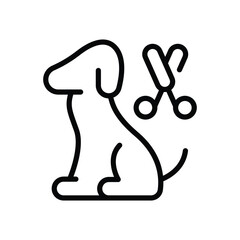 A minimalist line drawing featuring a dog and a pair of scissors suggestive of dog grooming services