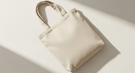 Minimalist beige tote bag on light background with shadows  