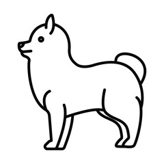 A minimalist line drawing depicts a standing Shiba Inulike dog with a curled tail and perked ear