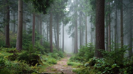 vanishing. Misty forest path with straight tree trunks leading into the distant fog. travel magazines, destination branding, designed for travel destination branding, used by event planners.