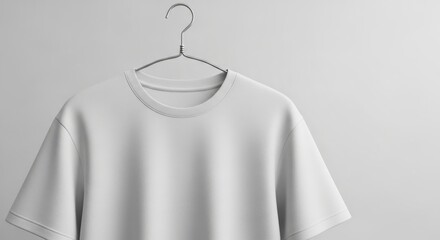 Plain white t-shirt hanging on a hanger against gray background  