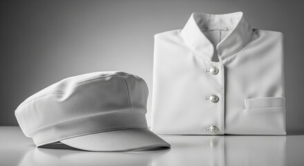 White chef hat and folded uniform shirt on reflective surface  
