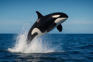 Fototapeta premium A pod of black and white killer whales, orcas, is jumping in the blue ocean water, a powerful marine mammal wildlife nature scene