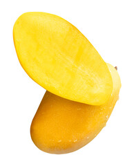 Single ripe yellow mango fruit and a half with water droplets in stack isolated on white background with clipping path