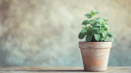 A mint plant in a rustic clay pot on a wooden table with a textured background.