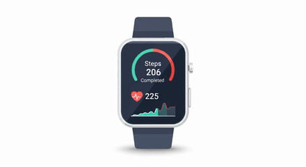 A modern smartwatch with a fitness tracker application interface showing daily step count and heart rate monitoring data on the screen