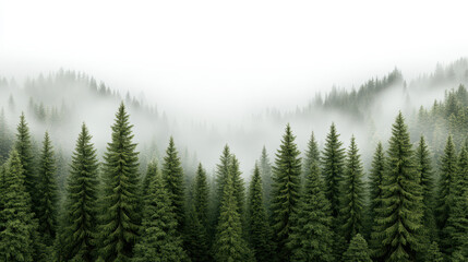 Fototapeta premium Lush evergreen forest with misty fog creating serene atmosphere and calm horizon