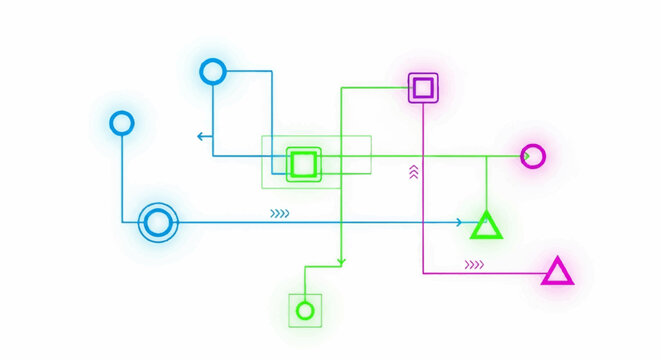 Conceptual design of a futuristic data network with glowing neon nodes and interconnected pathways representing a technological flowchart