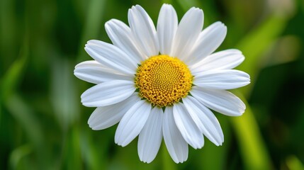 Obraz premium A white daisy with a yellow center in a green field.
