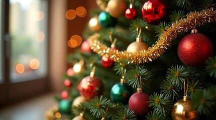 Close-Up Christmas Tree with Ornaments, Lights, and Festive Decor