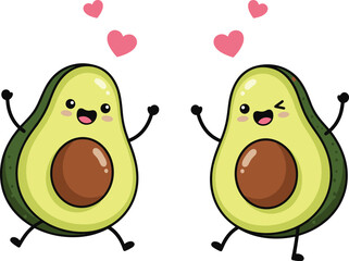 Dancing cartoon avocado couple with hearts, happy fruit characters in love, playful vector illustration for Valentine’s Day and healthy lifestyle