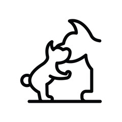 A small dog standing next to a larger dog and something resembling a house