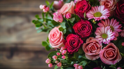 A vibrant bouquet of pink roses and daisies on a rustic wooden table.