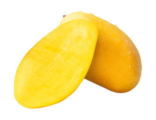 Single ripe yellow mango fruit and a half with water droplets in stack isolated with clipping path in png file format