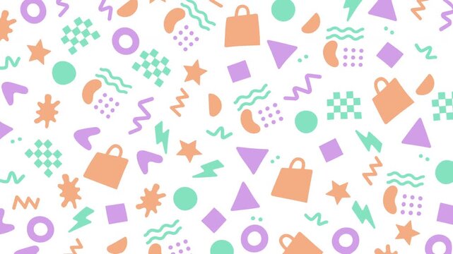 Seamless looping animation of colorful abstract geometric shapes including circles, triangles, stars, and squiggles in soft pastel tones on a white background.
