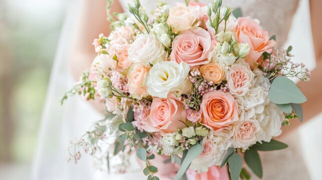 A bride holding a bouquet of pink and white roses.