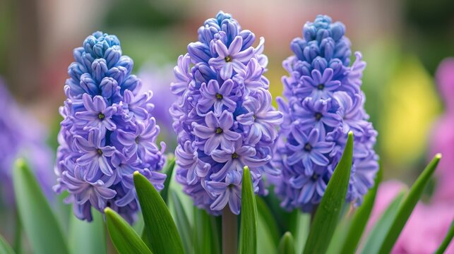 Three vibrant blue and purple hyacinth flowers with green leaves in a garden setting.