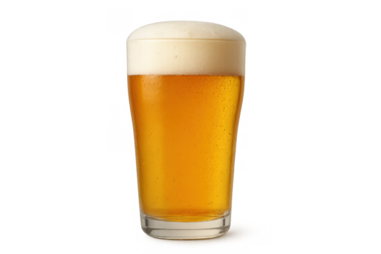 Glass of refreshing golden lager beer with creamy white foam, condensation droplets, on transparent background