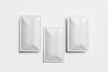 Blank sachet packaging mockup on white background, isolated, top view, 3D rendering