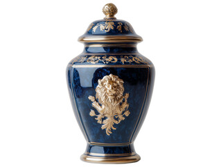 Elegant Blue and Gold Decorative Urn with Lion Head Embellishment
