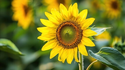 Obraz premium A vibrant sunflower with a blurred background of other sunflowers.