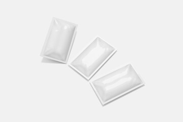 Blank sachet packaging mockup on white background, isolated, top view, 3D rendering