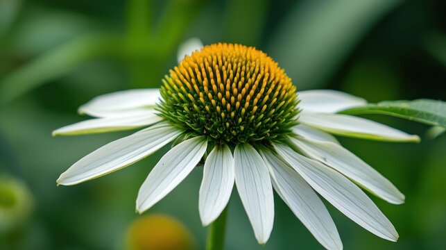 A white daisy with yellow center and green petals.
