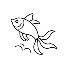 A stylized goldfish leaps marked by distinct fins a smiling face and a few curved lines suggesting bubbles