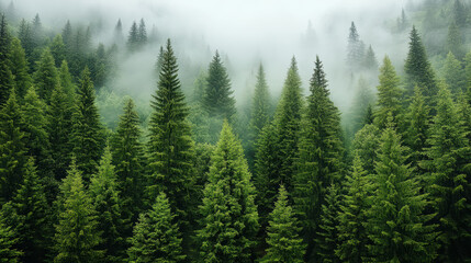 Fototapeta premium Lush green forest with mist rising between tall spruce trees creates serene atmosphere