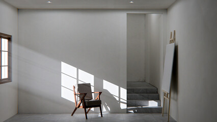 Minimalist 3D interior render of an empty art studio or contemplation room. Wood and fabric chair bathed in strong afternoon sun and shadow. Modern, empty room with easel and stairs. Concept for peace