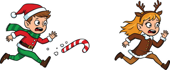 Festive cartoon kids running in Christmas costumes, Santa boy and reindeer girl, holiday chase, playful winter celebration vector illustration
