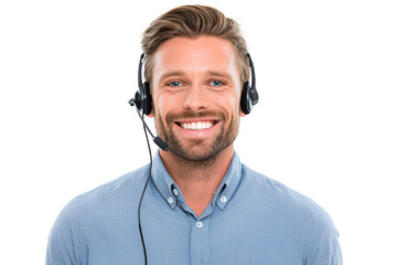 Enthusiastic customer support representative with headset smiling transparent black background providing excellent assistance offering help with technical support services