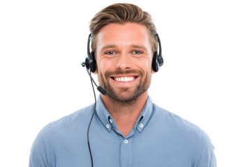 Enthusiastic customer support representative with headset smiling transparent black background providing excellent assistance offering help with technical support services