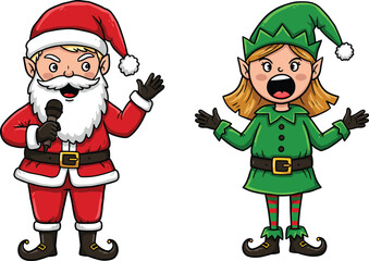 Festive cartoon Santa and Christmas elf characters singing with microphone, holiday vector illustration for celebration, decoration, and seasonal content