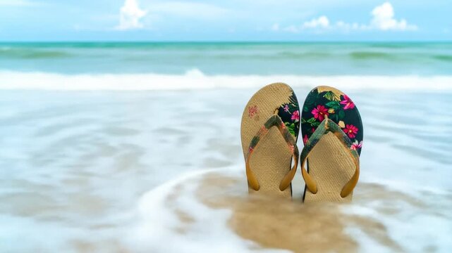 A pair of flip-flops stands on a sandy beach, with a clear ocean and sky in the background