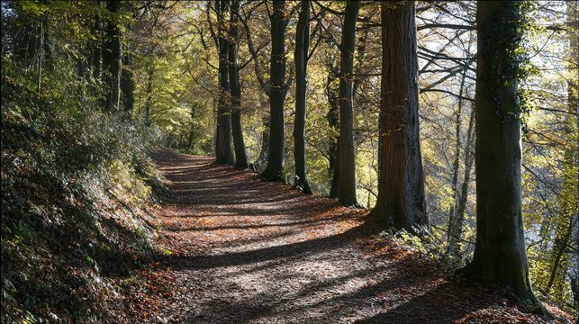narrow. Narrow forest path with autumn leaves and dappled sunlight. representing seasonal cycles and harvest abundance, travel magazines, designed for travel destination branding.