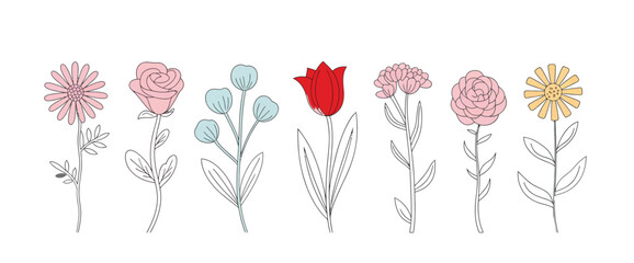 Continuous line drawing set of flowers. Plants one line illustration. Minimalist Prints vector illustration