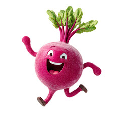 Cheerful cartoon beetroot character jumping with joy isolated on transparent background