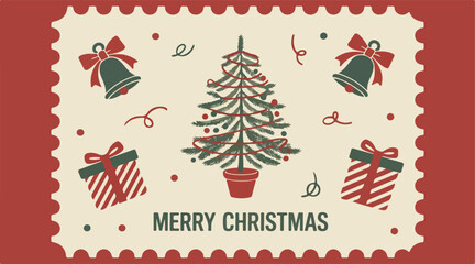 Christmas tree and gifts stamp design art christmas, tree, gifts, stamp, design, art, holiday, bells, red, green, white, illustration, decorative, festive, vintage, card, season, celebration, ornament
