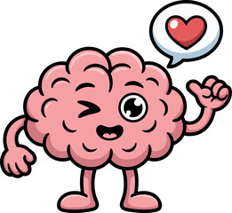 Cute brain cartoon character expressing love with heart speech bubble