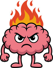 Hot-headed brain cartoon character with fire, anger and frustration